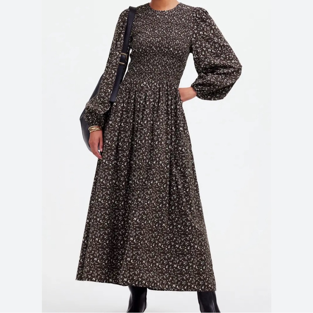 Madewell Brown Smocked Long Sleeve Floral Dress